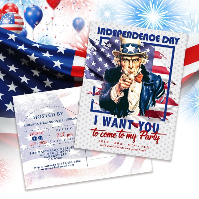 Red, White, Blue Uncle Sam 4th Of July Invitation Postcard (Creator Uploaded)