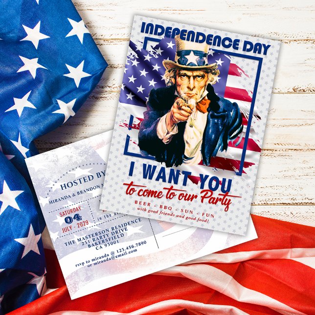 Red, White, Blue Uncle Sam 4th Of July Invitation  Postcard (Creator Uploaded)