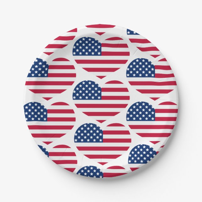 Red White Blue USA Flag Hearts 4th July Patriotic Paper Plates (Front)