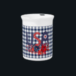 Red White & Blue USA Patriotic Bouquet  Beverage Pitcher<br><div class="desc">Colorful Americana beverage pitcher features USA in red and blue decorated folk art style letters with red and blue floral bouquet on navy gingham checkered background.  Perfect Independence Day decor</div>