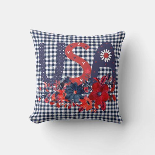 Red White  Blue USA Patriotic Bouquet Throw Pillow