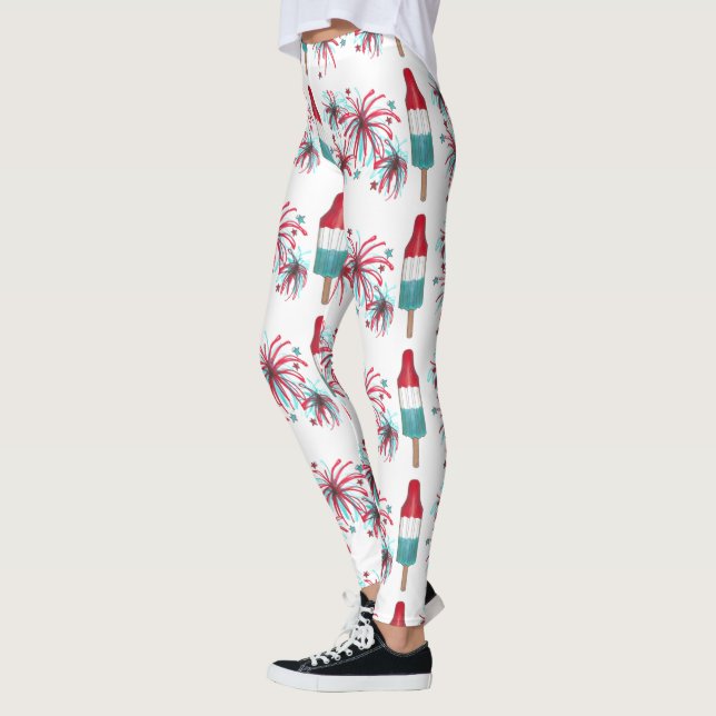 Red White Blue USA Patriotic Rocket Pop Fireworks Leggings (Left)