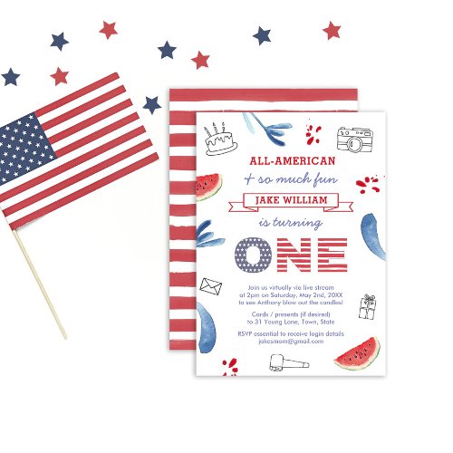 Red White Blue Virtual 1st Birthday Party By Mail Invitation