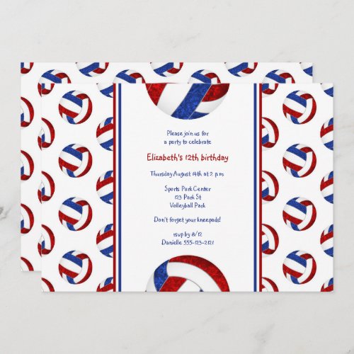 red white blue volleyball girls birthday party invitation