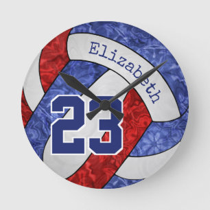 red white blue volleyball team colors girls sporty round clock