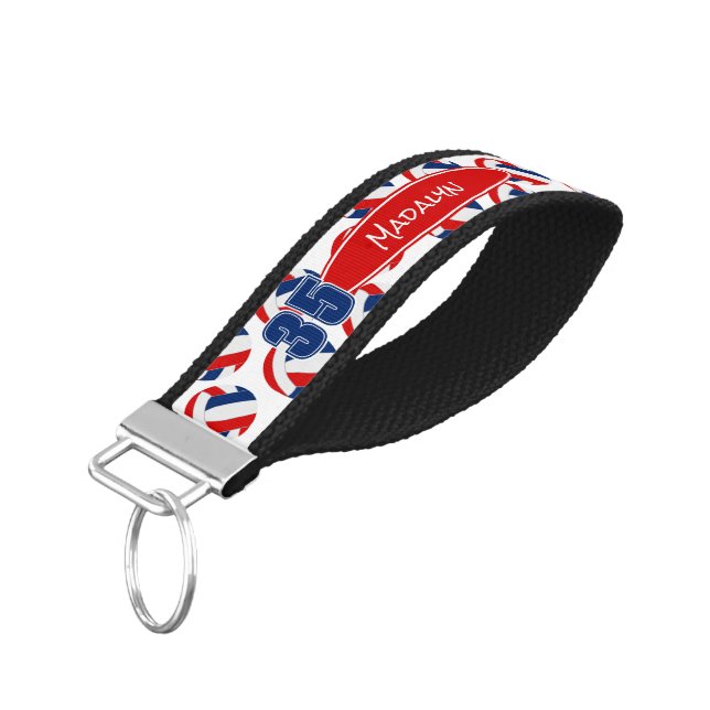red white blue volleyballs athlete name wrist keychain (Angled Down)