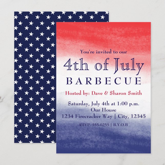 Red White & Blue Watercolor Patriotic Invitations (Front/Back)