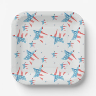 Red White & Blue watercolor Stars PATTERN Square Paper Plates