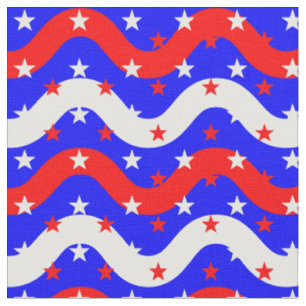 Red White Blue Wave Lines with Stars Fabric