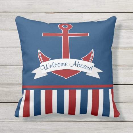 Red White Blue Welcome Aboard Anchor Outdoor Outdoor Pillow