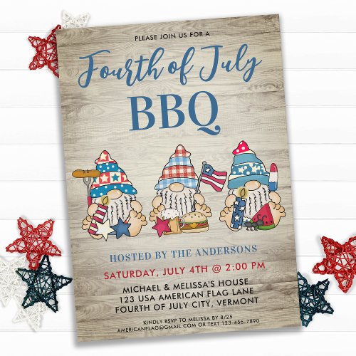 Red White Blue Whimsical Gnomes Fourth Of July BBQ Invitation