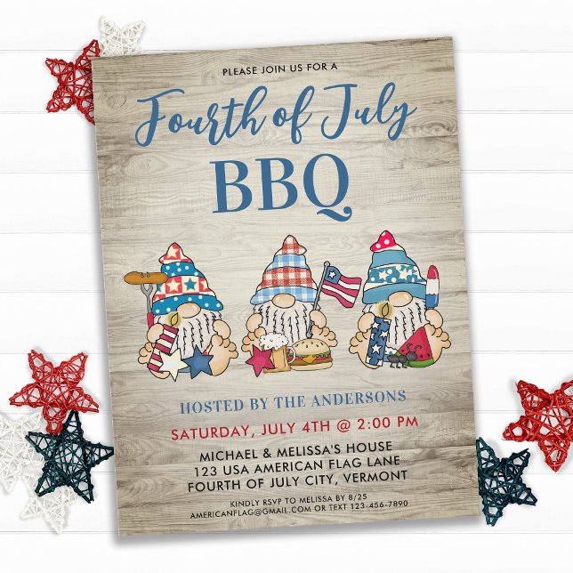 Red White Blue Whimsical Gnomes Fourth Of July BBQ Invitation Postcard (Creator Uploaded)