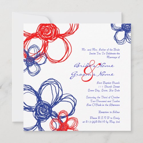 Red, White, Blue Wild Flowers Wedding Invitation