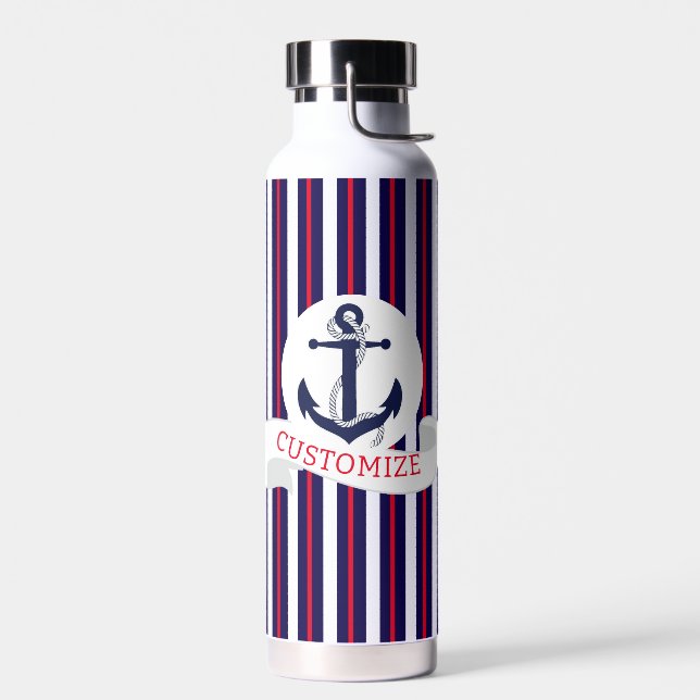 Red, White & Blue With Anchor Custom Water Bottle  (Left)
