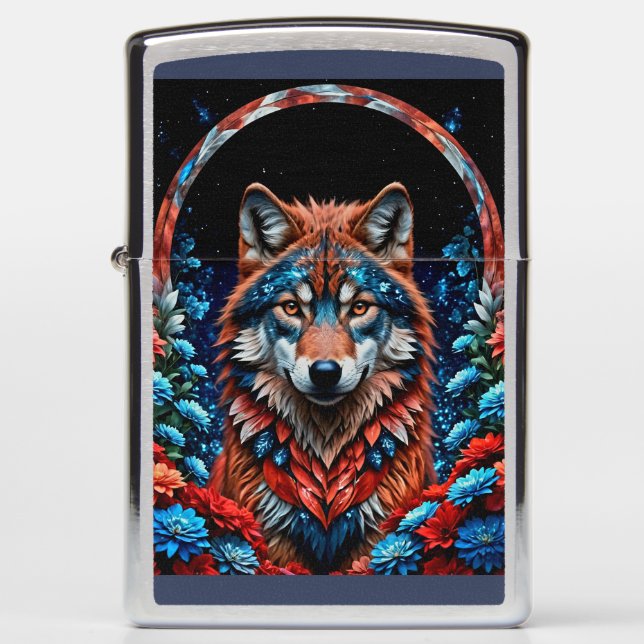 Red, White, Blue Wolf Zippo Lighter (Front)