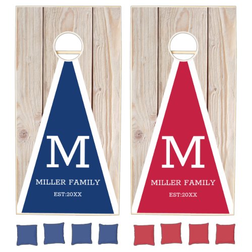 Red White Blue Wood Family Name Monogram American  Cornhole Set