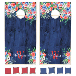 Red White Blue Wood Flowers Monogram 4th Of July Cornhole Set