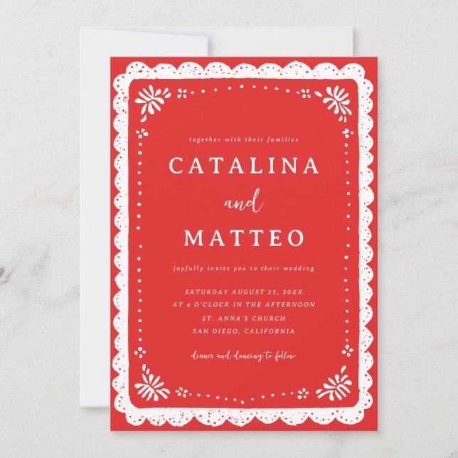 Red & White Boho Mexican Papel Picado Wedding Invitation (Front)