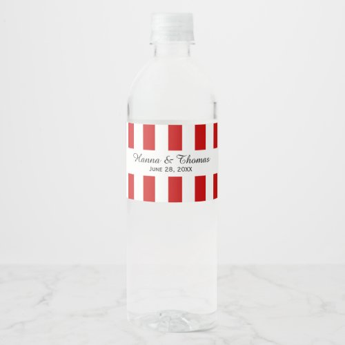 Red White Bold Stripes Wedding Water Bottle Label