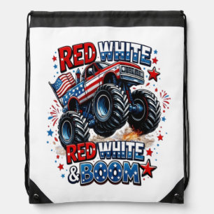 Red White Boom Monster Truck Drawstring Bag