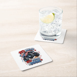 Red White Boom Monster Truck Square Paper Coaster