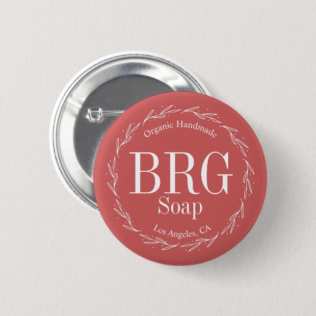 Red White Botanical Wreath Monogram Retail Store Button (Front & Back)