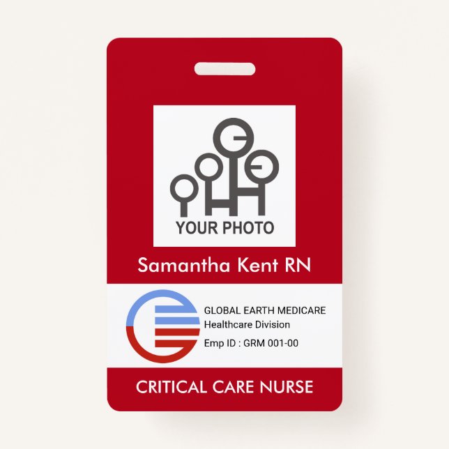 Red White Box Photo Template Staff Nurse ID Badge (Front)
