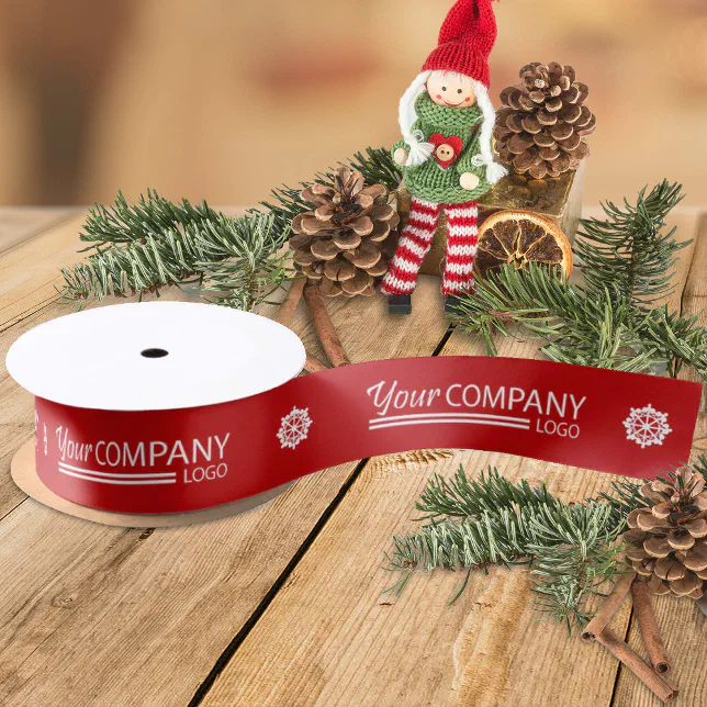 Red White Branded Company Logo Snowflake Christmas Satin Ribbon | Zazzle