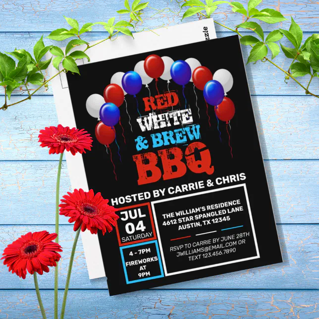 Red White & Brew BBQ 4th of July Party Invitation Postcard | Zazzle