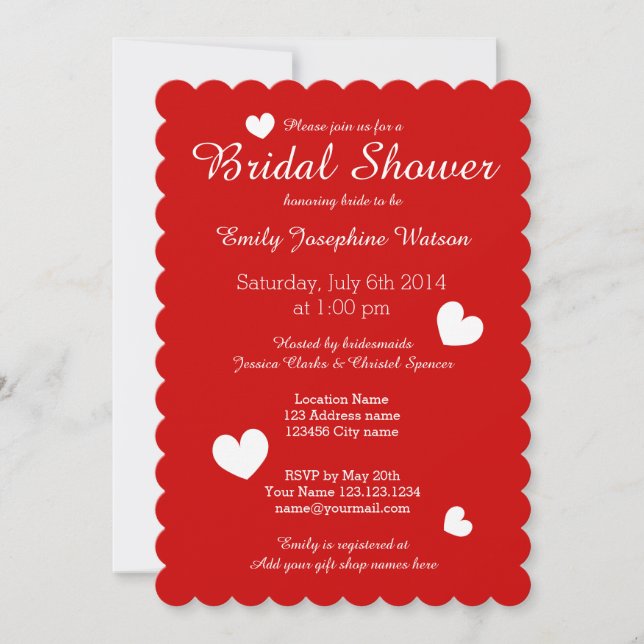 Red & white bridal shower invitations with hearts (Front)