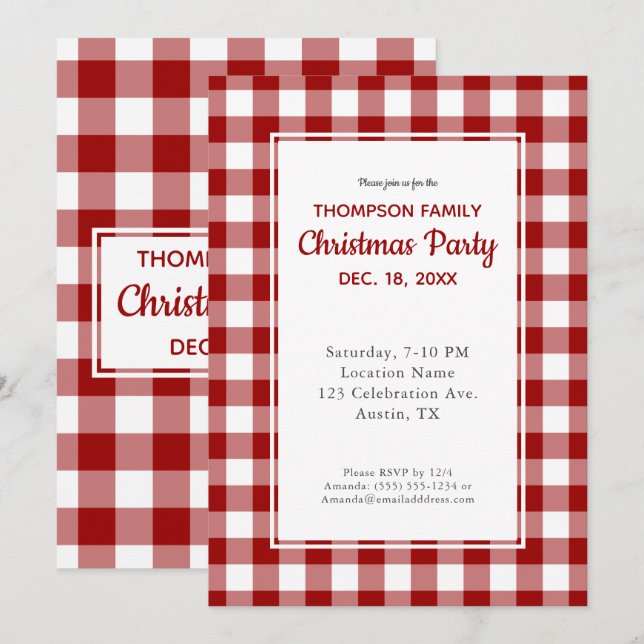 Red White Buffalo Check Christmas Party Invitation (Front/Back)