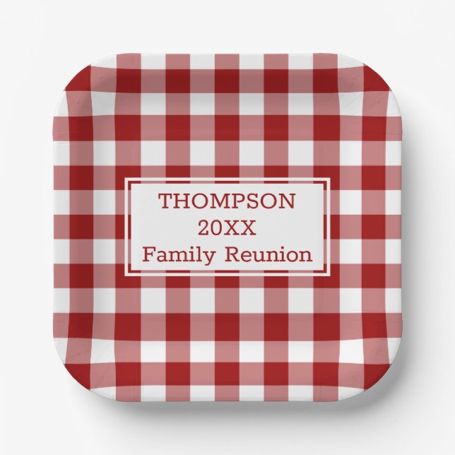 Red White Buffalo Check Family Reunion Paper Plates (Front)