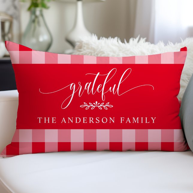 Red & White Buffalo Check Grateful Personalized Lumbar Pillow (Creator Uploaded)