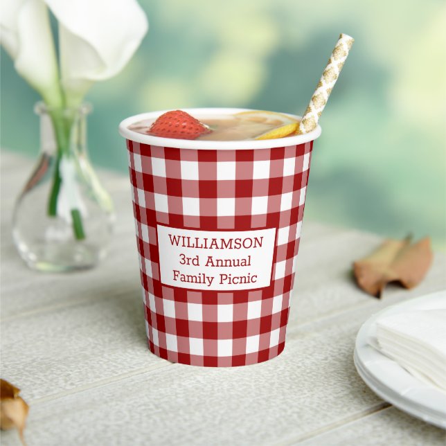 Red White Buffalo Check Your Name Family Picnic Paper Cups (Insitu)