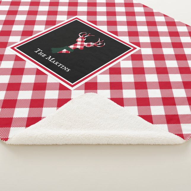 Red & White Buffalo Plaid Reindeer Personalized Sherpa Blanket (3/4)