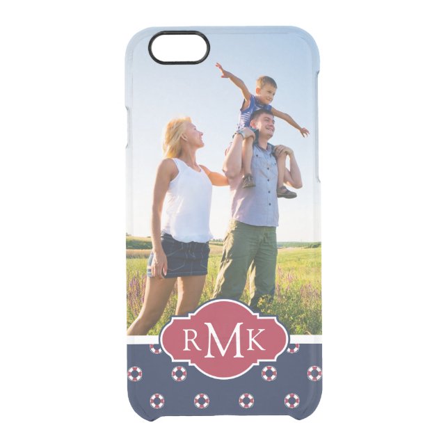 Red & White Buoy Pattern| Your Photo & Monogram Uncommon iPhone Case (Back)