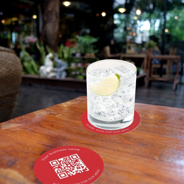 Red white business bar restaurant menu qr code round paper coaster (Creator Uploaded)