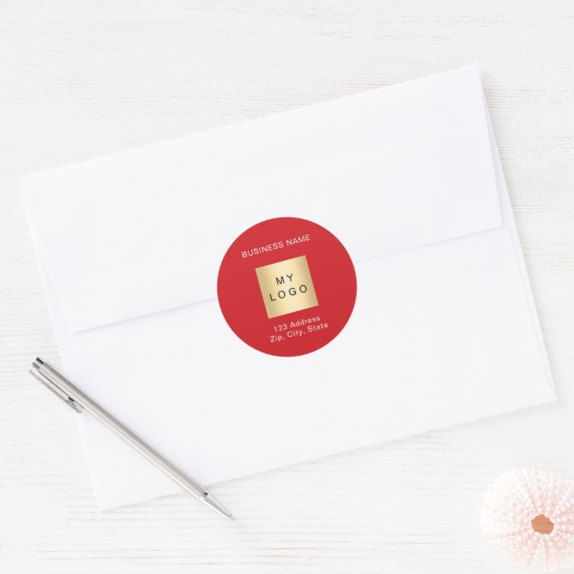 Red white business logo name address  classic round sticker (Envelope)