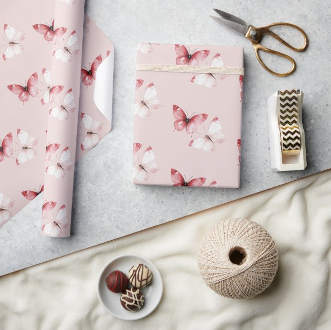 Red White Butterflies Birthday Wrapping Paper (Crafts)