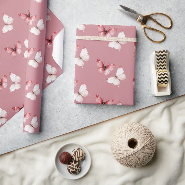 Red White Butterflies Birthday Wrapping Paper (Crafts)