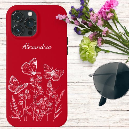 Red  White Butterflies in Wildflowers Monogram  iPhone 13 Pro Max Case