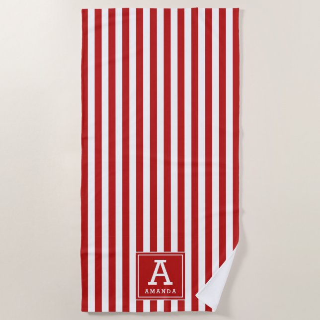 Red & White Cabana Stripes Monogrammed Initial Beach Towel (Front)