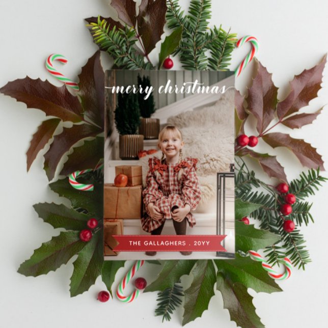 Red White Calligraphy Merry Christmas Photo Holiday Card (Creator Uploaded)
