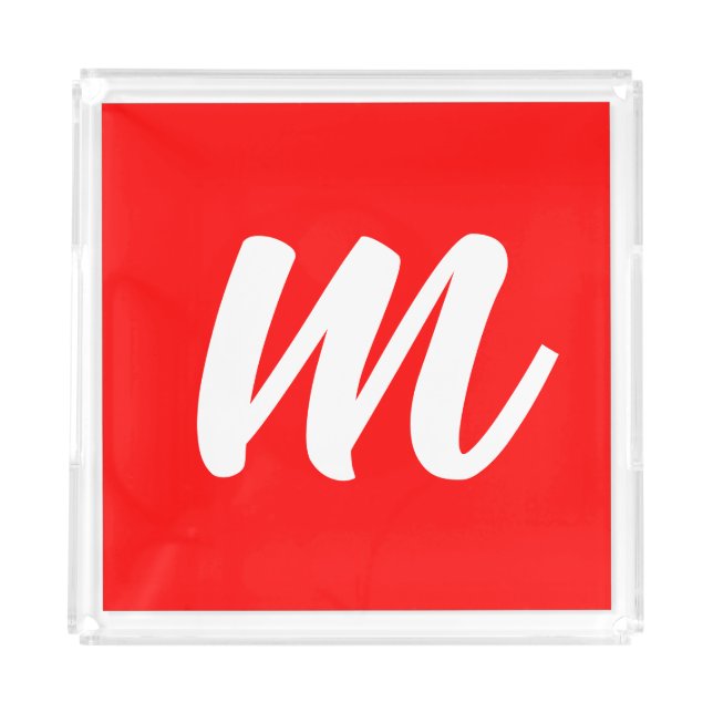 Red White Calligraphy Monogram Initial Letter Acrylic Tray (Front)