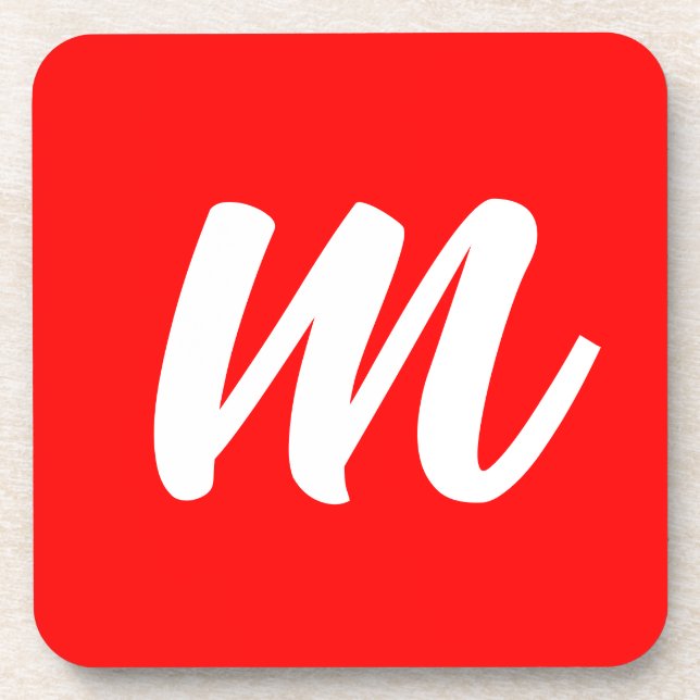 Red White Calligraphy Monogram Initial Letter Beverage Coaster (Front)
