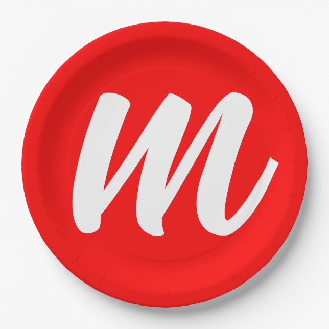 Red White Calligraphy Monogram Initial Letter Paper Plates (Front)