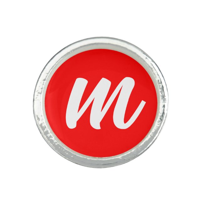 Red White Calligraphy Monogram Initial Letter Ring (Front)