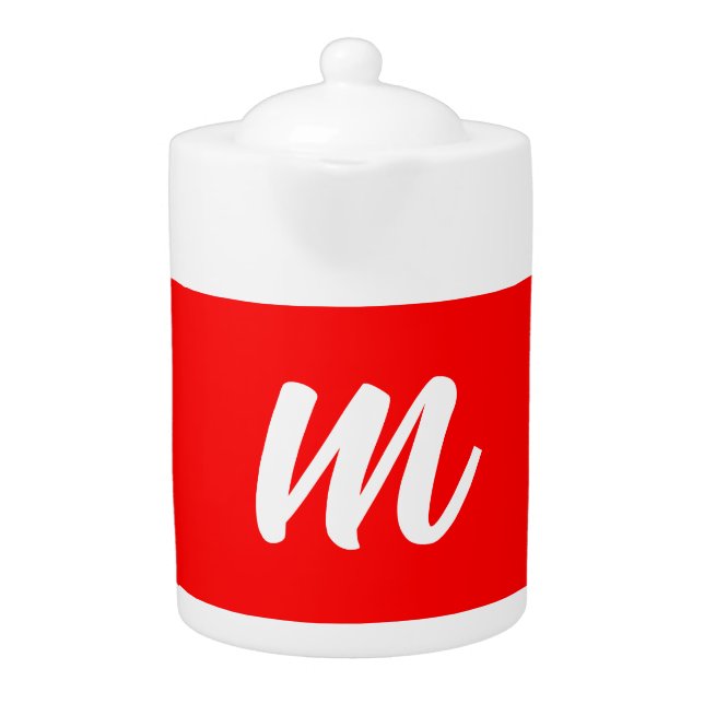 Red White Calligraphy Monogram Initial Letter Teapot (Front)