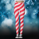 Red White Candy Cane Diagonal Stripe Christmas Leggings at Zazzle