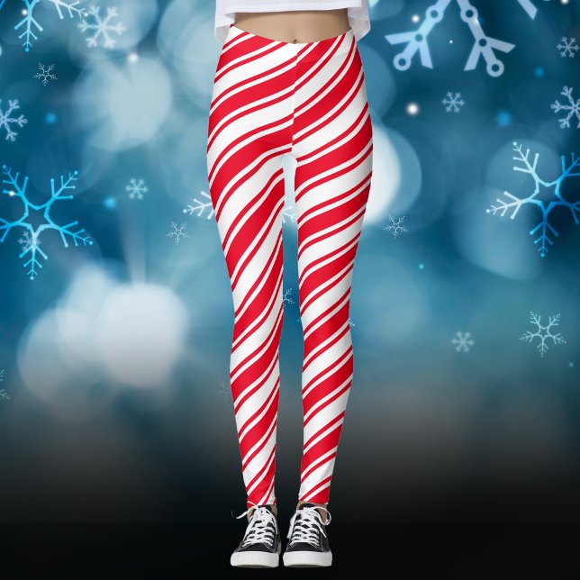 Red White Candy Cane Diagonal Stripe Christmas Leggings (Creator Uploaded)